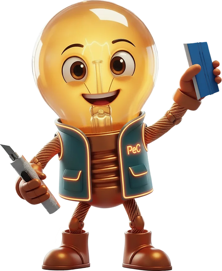 Mascote PeC — uma lâmpada com colete PeC